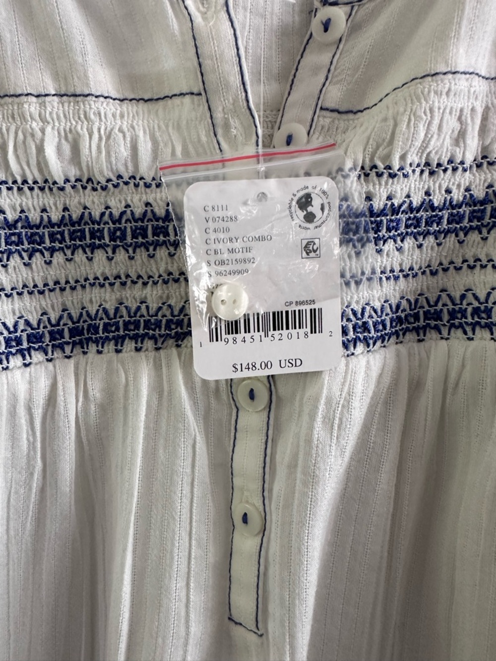 Free People Dylan Smocked Tunic NWT Ivory Blue Embroidered Boho Top Medium - Picture 13 of 13